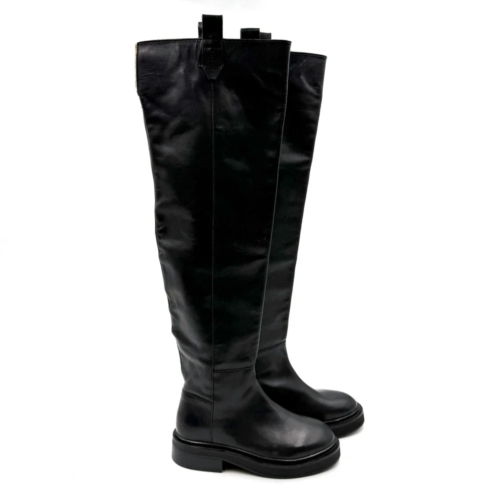 AllSaints Mindy Boot Black Leather Over The Knee Lug Sole Platform Tall Sz‎ 6